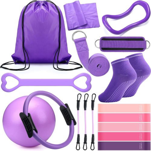 Pilates Ring Circle Set 18 Pcs Exercise Equipment Accessories for Women Workouts Pilates Ball Stretching Strap Magic Circle Yoga Ring Gym Back Bag Resistance Band Anti Slip Socks